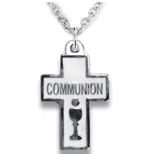 Extel Medium Silver Plated Enameled Cross and Centered Communion Chalice Pendant for Girl with 18" chain