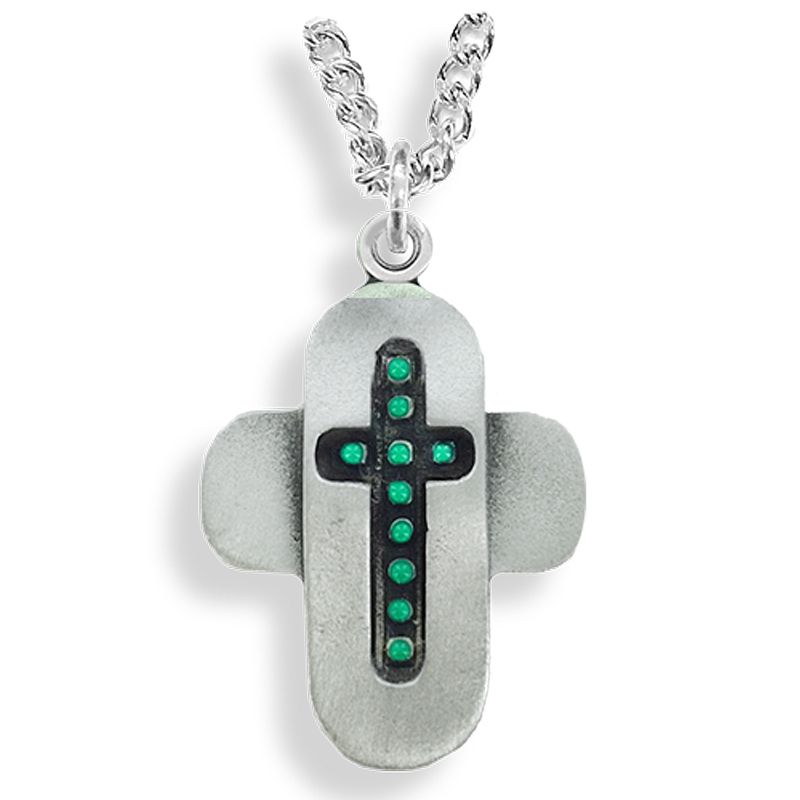 Extel Large Pewter and Green Beaded Cross Pendant for Men with 24" chain