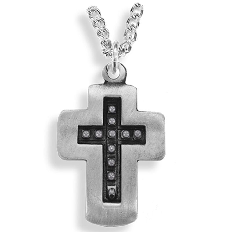 Extel Large Pewter and Black Beaded Cross Pendant for Men with 24" chain