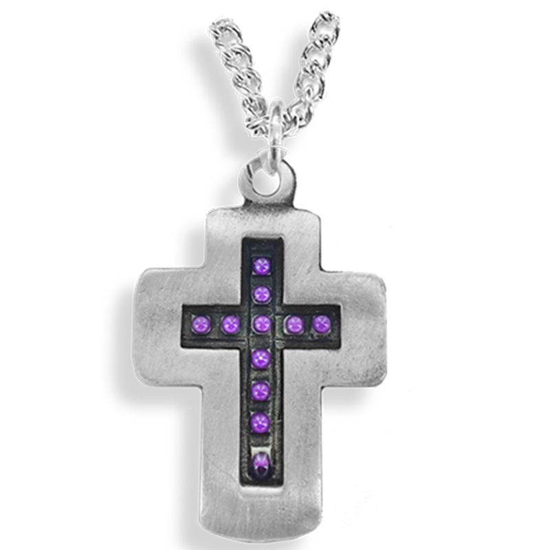 Extel Large Pewter and Purple Beaded Cross Pendant for Men with 24" chain