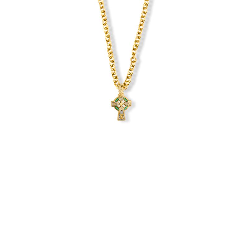 Extel Medium 10KT Gold Filled Celtic Cross with Green Enamel Detail Cross Pendant for Girl with 16" chain