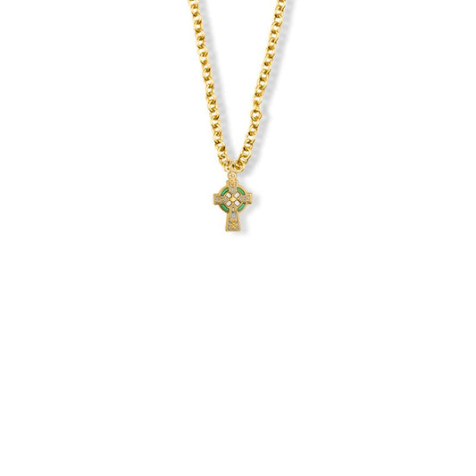 Extel Medium 10KT Gold Filled Celtic Cross with Green Enamel Detail Cross Pendant for Girl with 16" chain