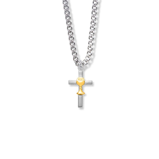 Extel Medium Two-Tone Sterling Silver Cross Pendant with Chalice for Girl with 18" chain