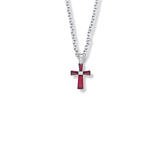 Extel Medium Sterling Silver and Glass Crystal First Communion January Birthstone Baguette Cross Pendant for Girl with 16" chain